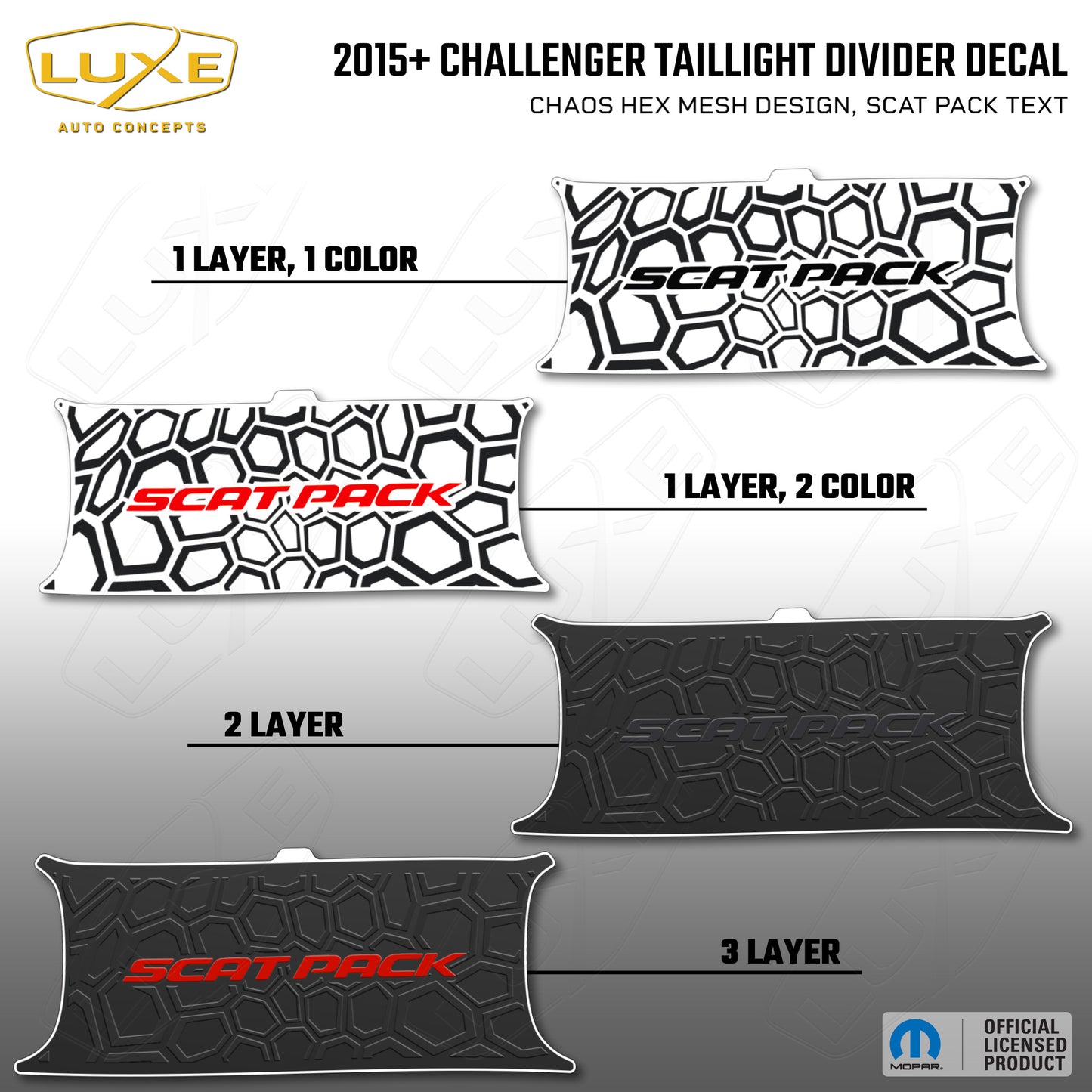 2015+ Challenger Taillight Center Divider Decal - Chaos Hex Mesh Design, Scat Pack Text