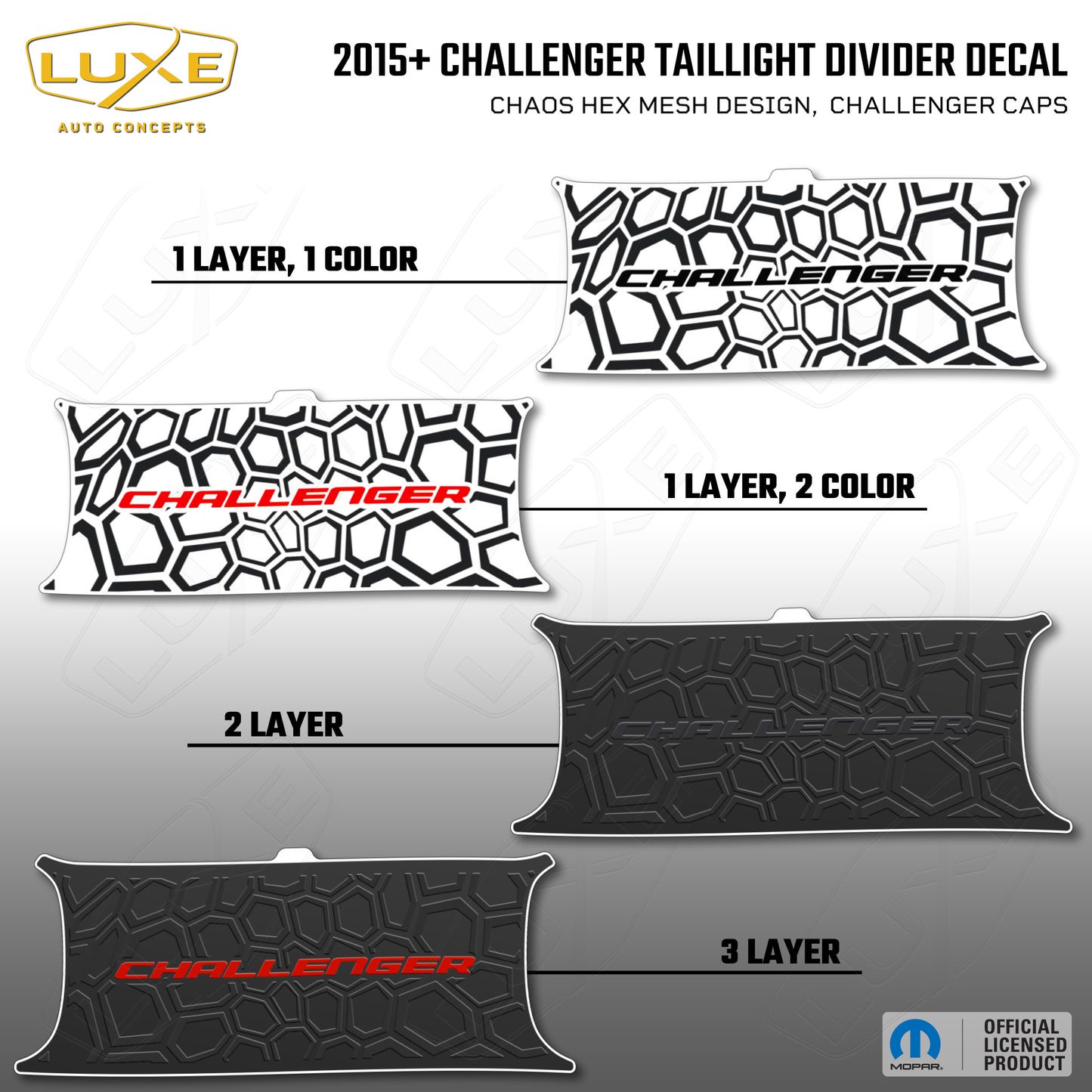 2015+ Challenger Taillight Center Divider Decal - Chaos Hex Mesh Design, Challenger Caps