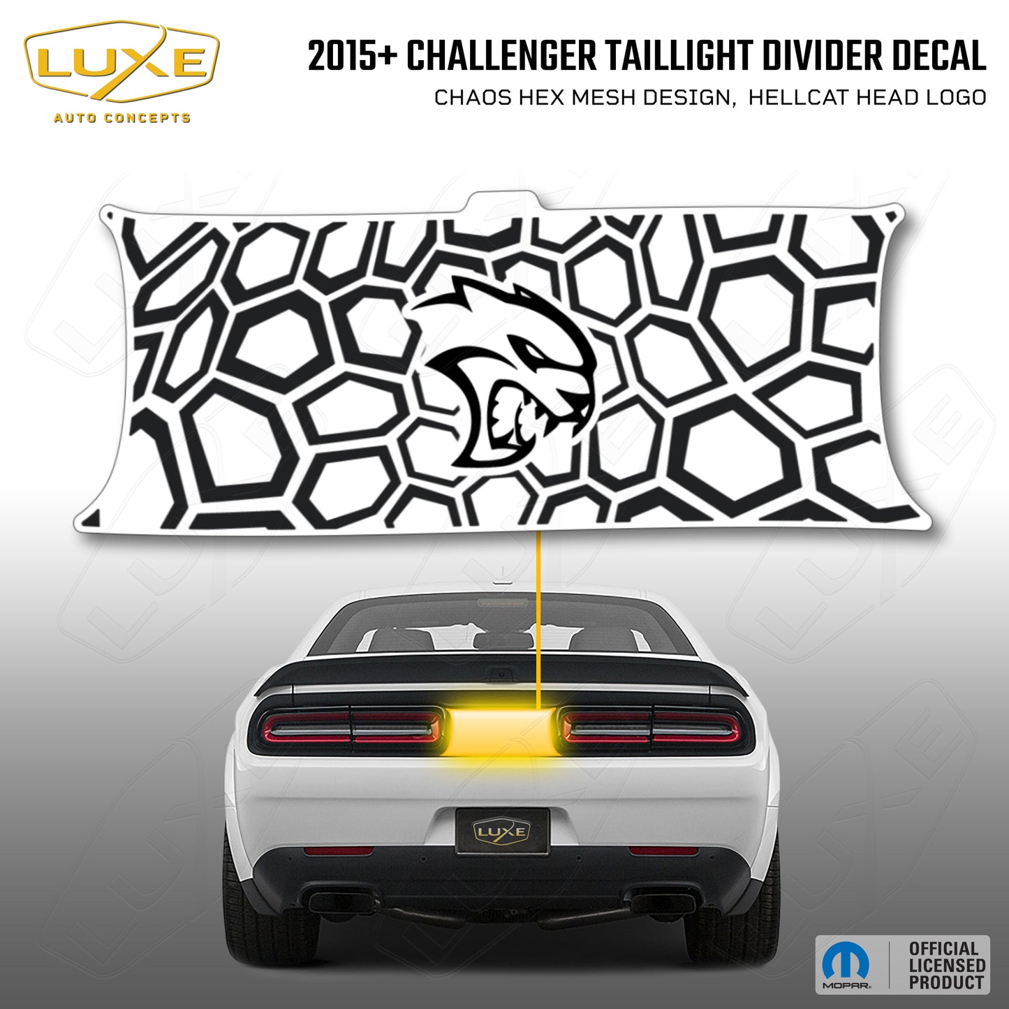 2015+ Challenger Taillight Center Divider Decal - Chaos Hex Mesh Design, Hellcat Head Logo