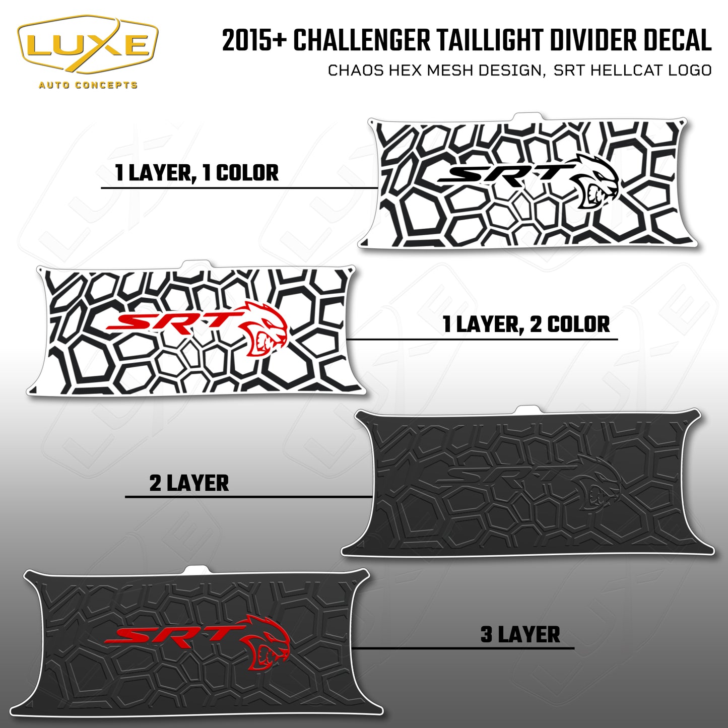 2015+ Challenger Taillight Center Divider Decal - Chaos Hex Mesh Design, SRT Hellcat Logo Kit