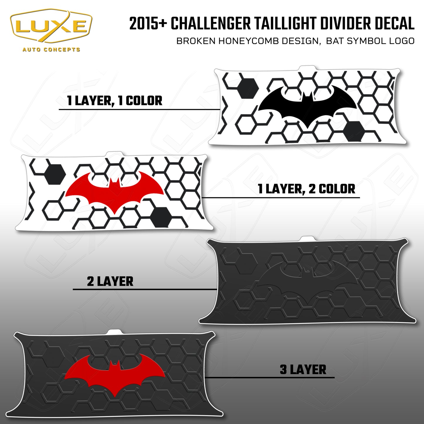 2015+ Challenger Taillight Center Divider Decal - Broken Honeycomb Design, Bat Symbol