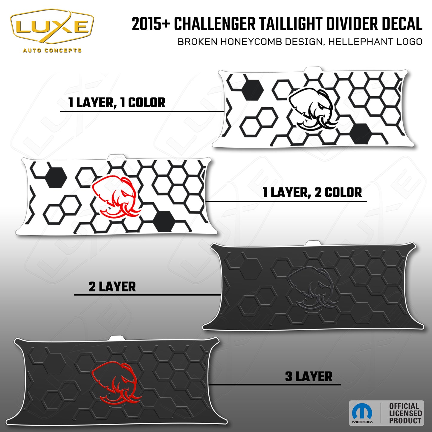 2015+ Challenger Taillight Center Divider Decal - Broken Honeycomb Design, Hellephant Logo