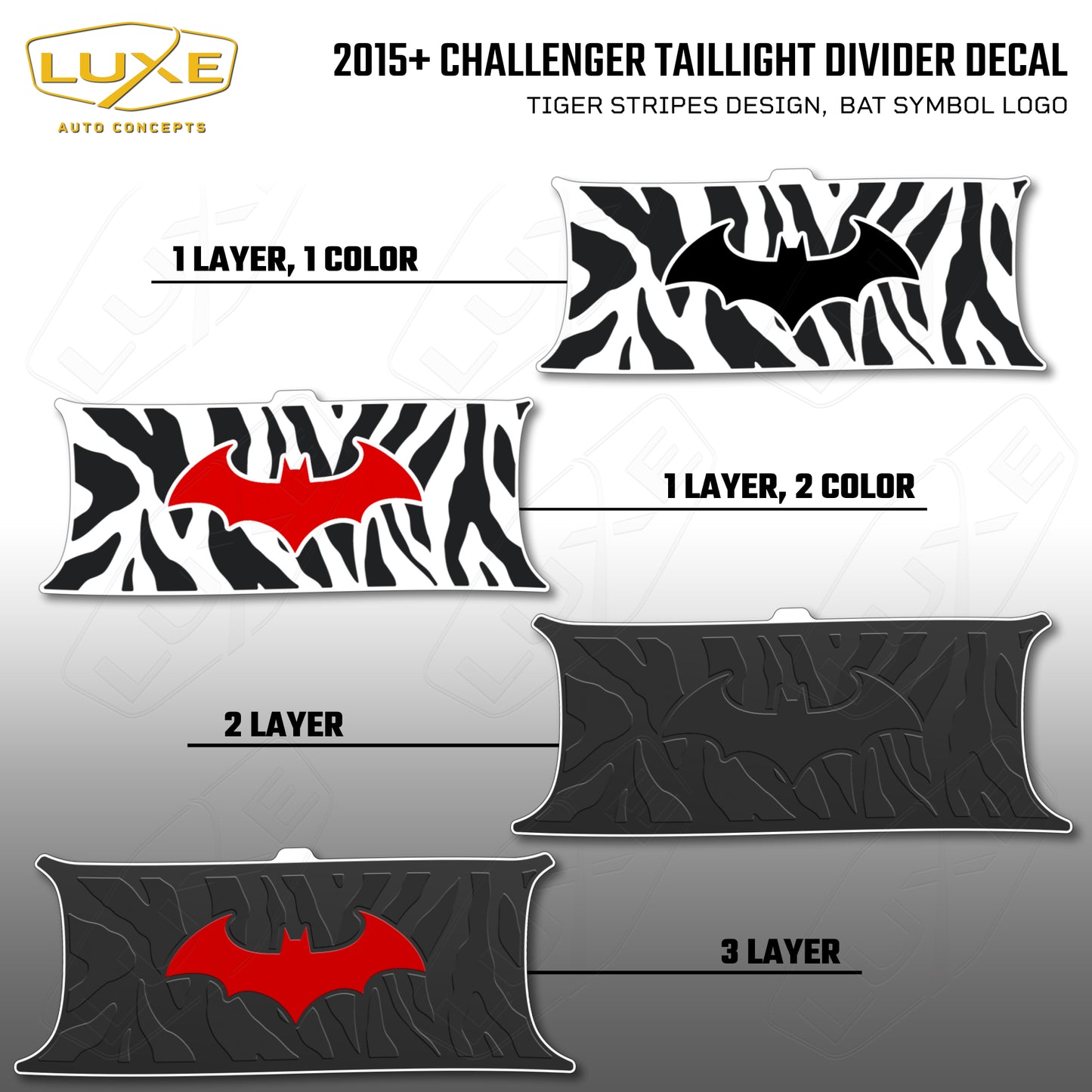 2015+ Challenger Taillight Center Divider Decal - Tiger Stripes Design, Bat Symbol Kit