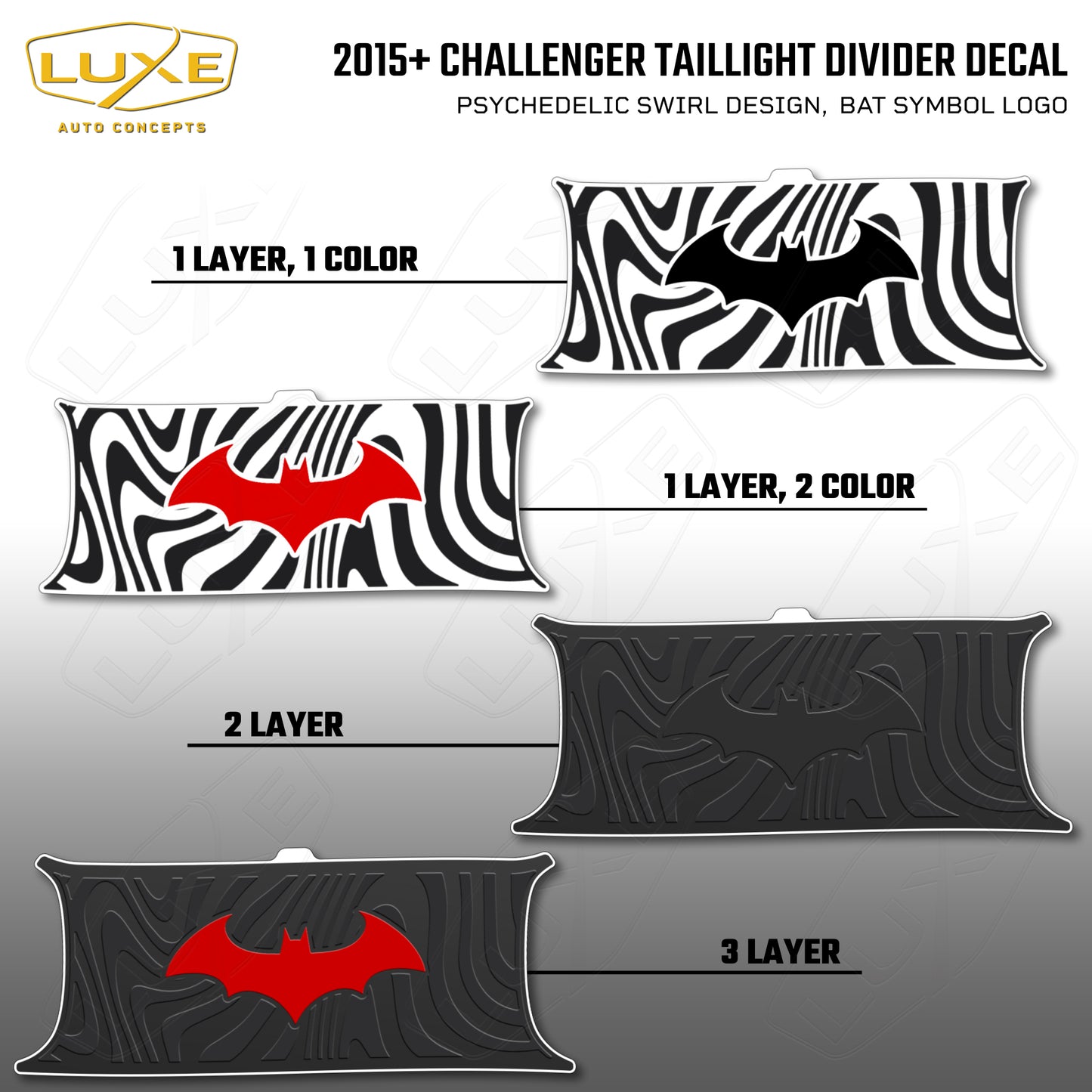2015+ Challenger Taillight Center Divider Decal - Psychedelic Swirl Design, Bat Symbol Kit