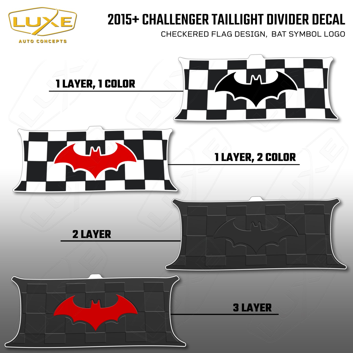 2015+ Challenger Taillight Center Divider Decal - Checkered Flag Design, Bat Symbol Kit