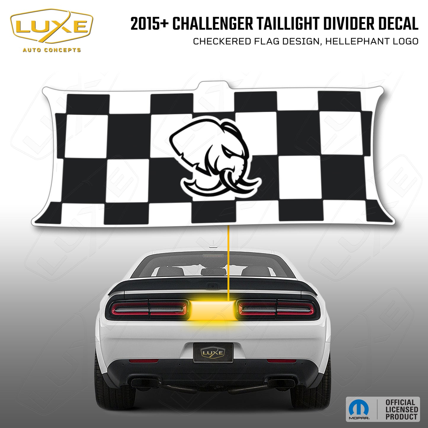 2015+ Challenger Taillight Center Divider Decal - Checkered Flag Design, Hellephant Logo Kit