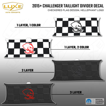 2015+ Challenger Taillight Center Divider Decal - Checkered Flag Design, Hellephant Logo