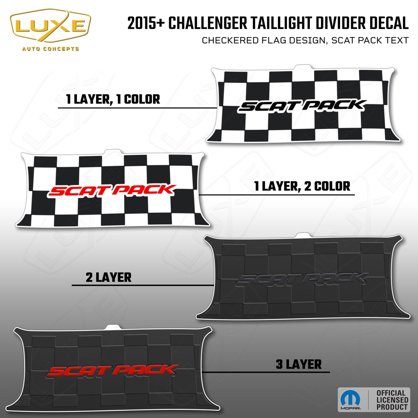 2015+ Challenger Taillight Center Divider Decal - Checkered Flag Design, Scat Pack Text Kit