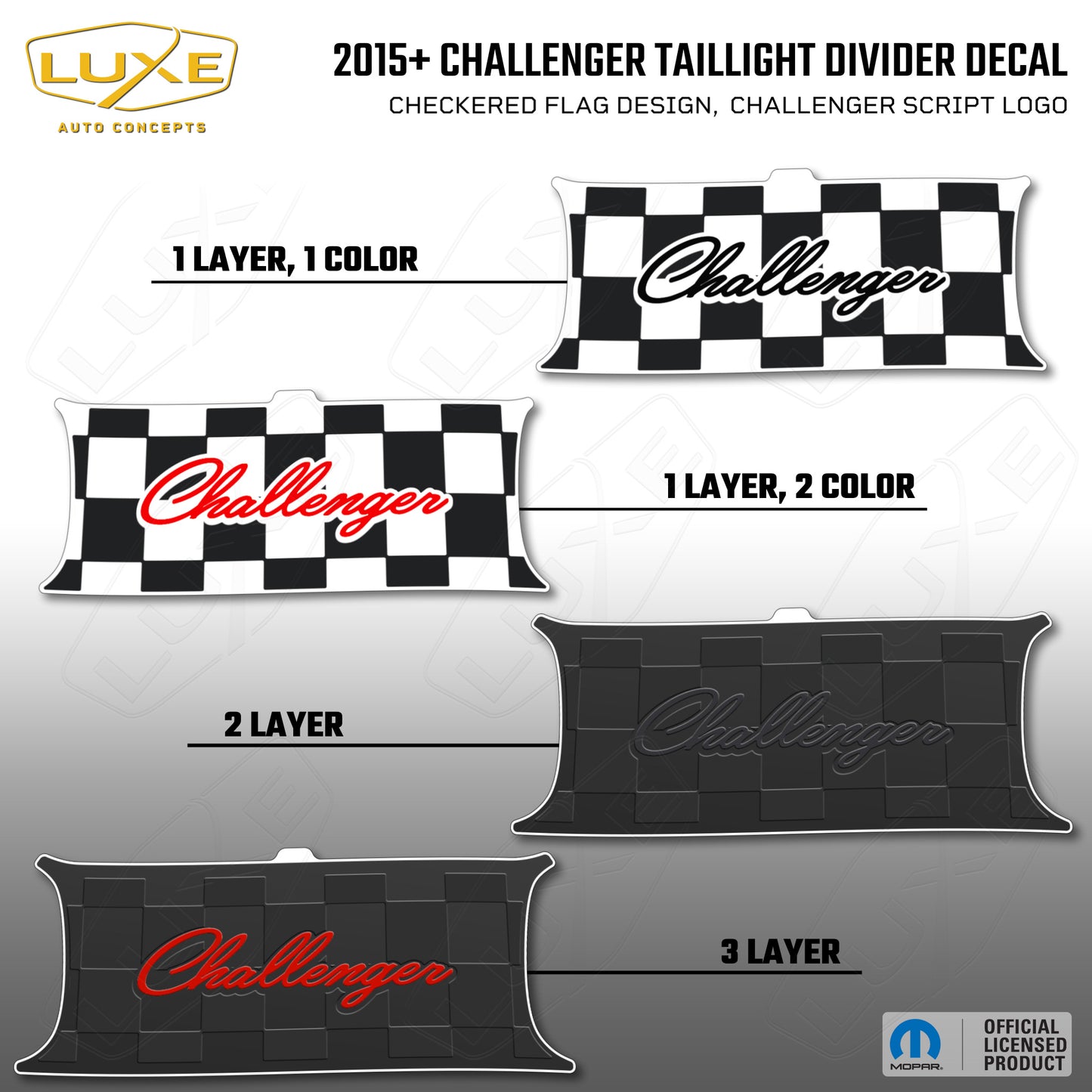 2015+ Challenger Taillight Center Divider Decal - Checkered Flag Design, Challenger Script Logo