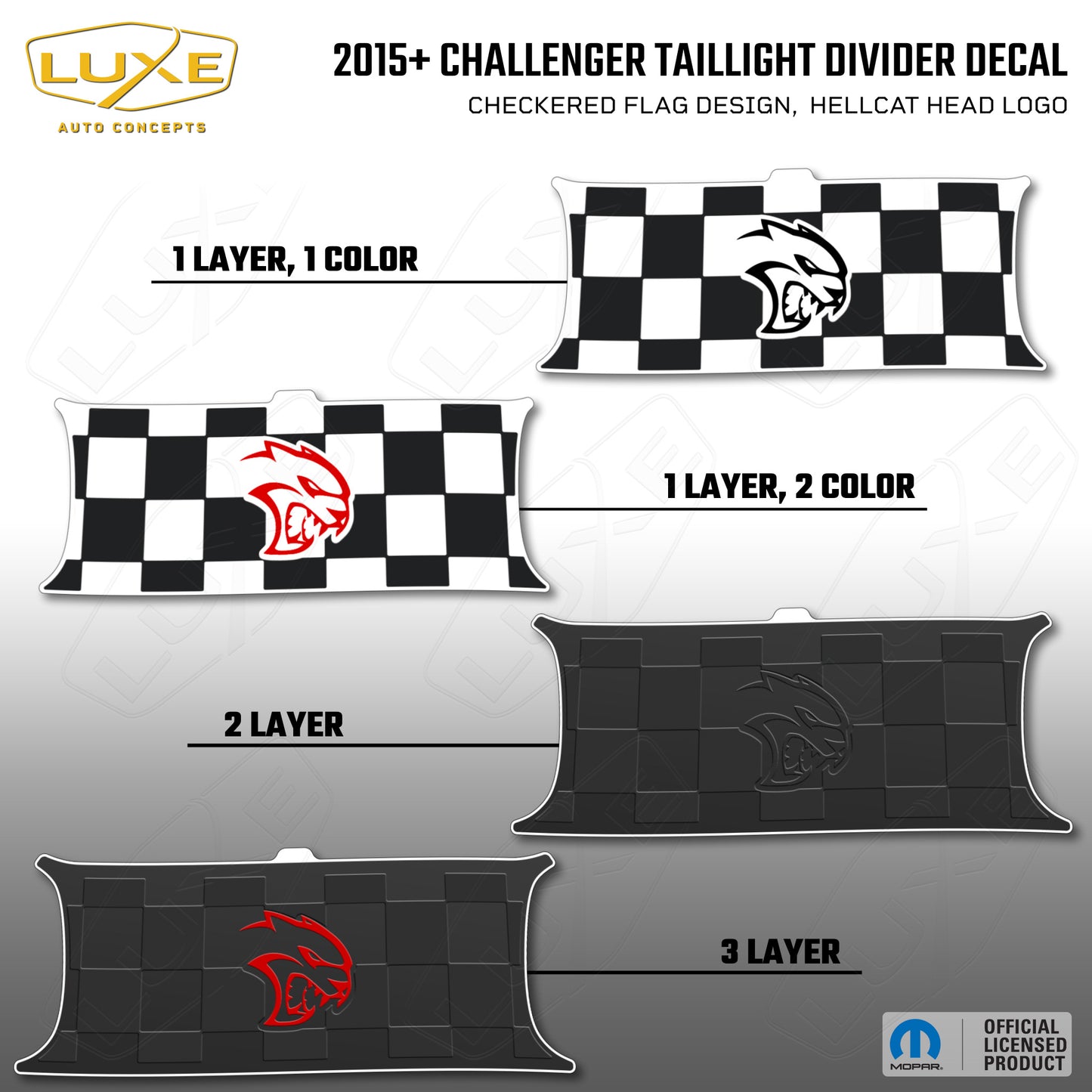 2015+ Challenger Taillight Center Divider Decal - Checkered Flag Design, Hellcat Head Logo Kit