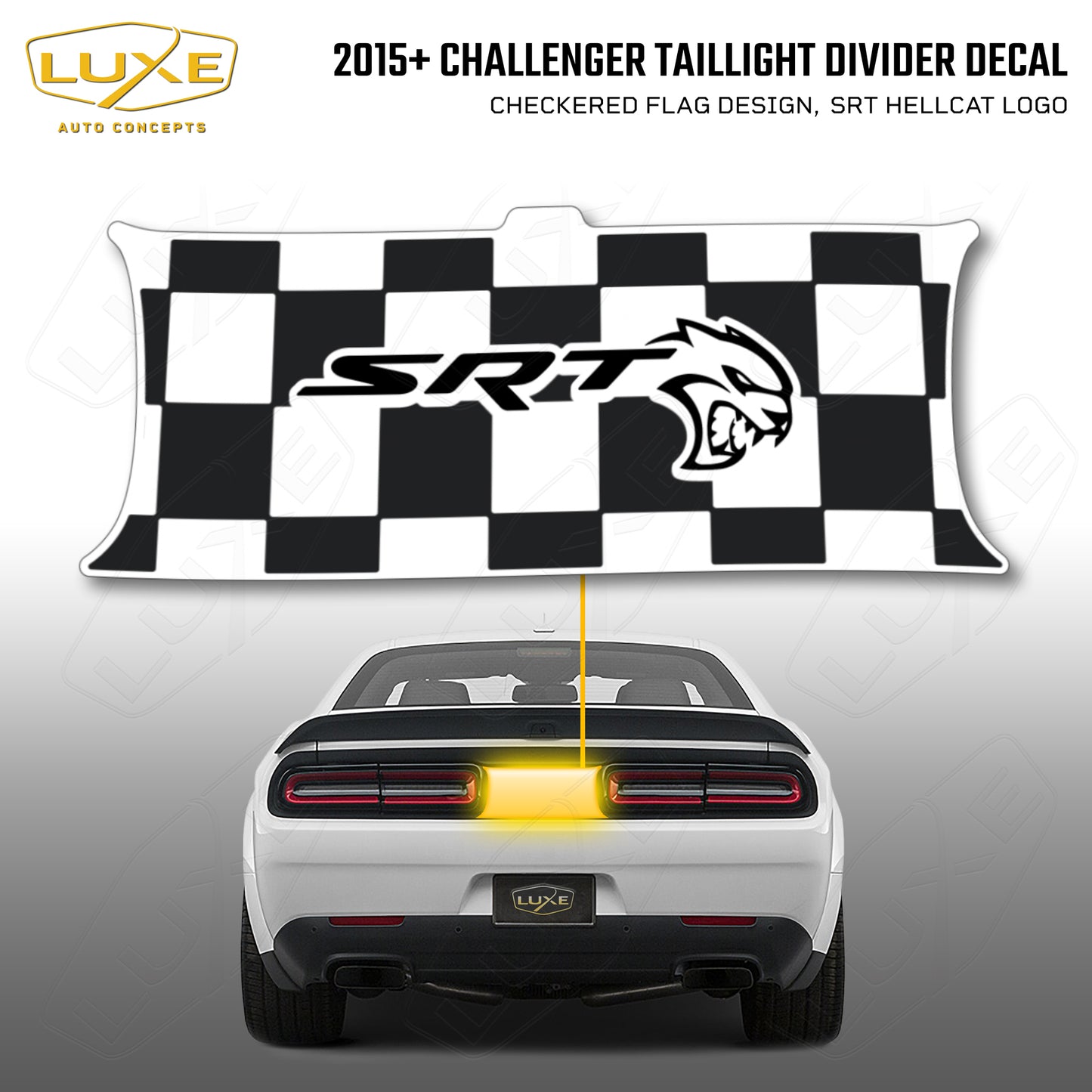 2015+ Challenger Taillight Center Divider Decal - Checkered Flag Design, SRT Hellcat Logo