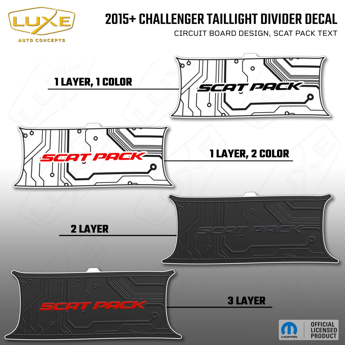 2015+ Challenger Taillight Center Divider Decal - Circuit Board Design, Scat Pack Text Kit