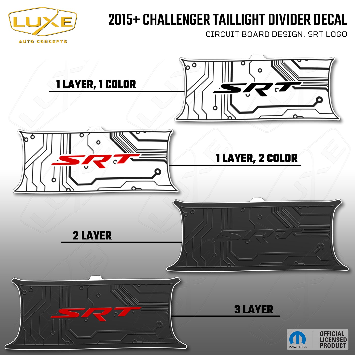 2015+ Challenger Taillight Center Divider Decal - Circuit Board Design, SRT Logo Kit