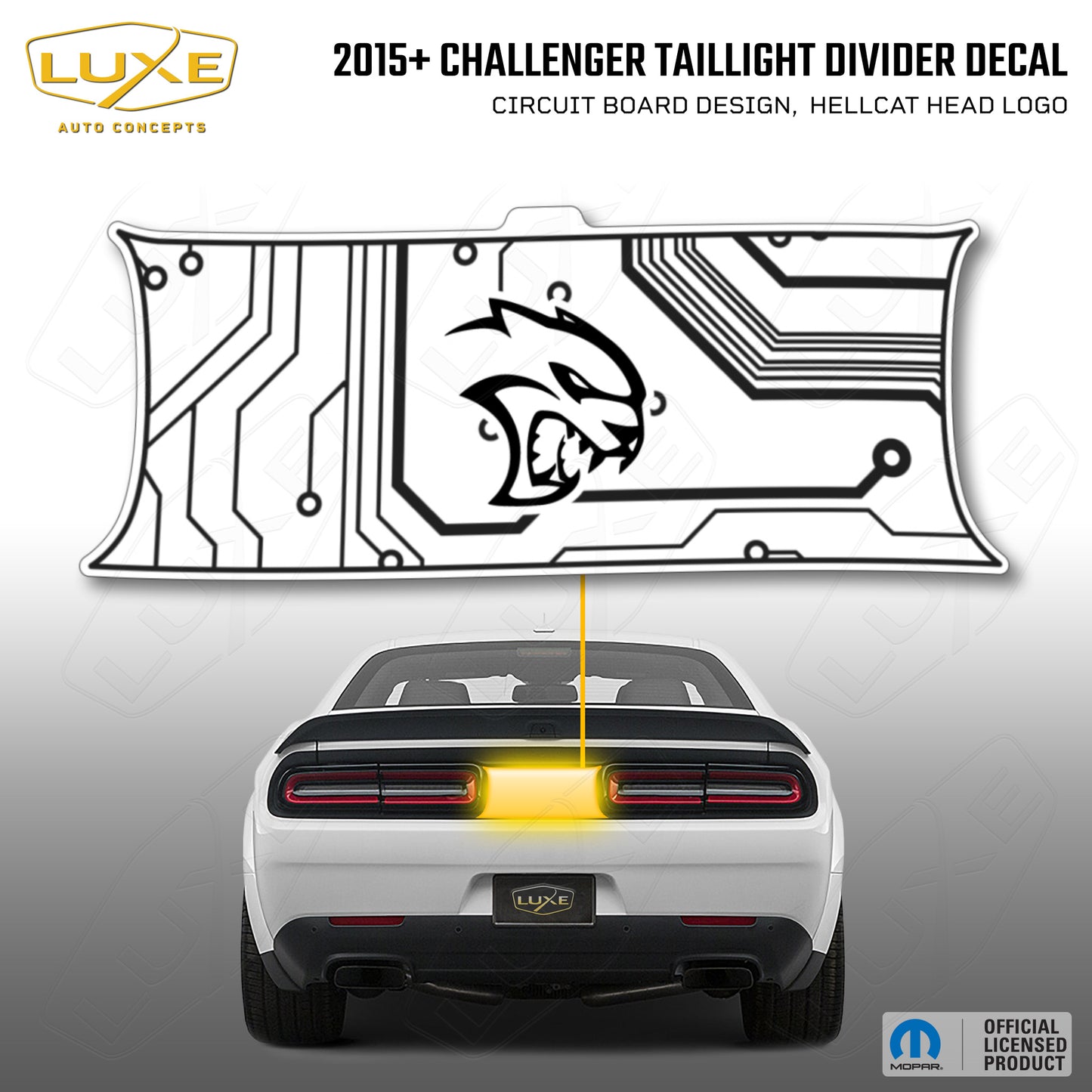 2015+ Challenger Taillight Center Divider Decal - Circuit Board Design, Hellcat Head Logo