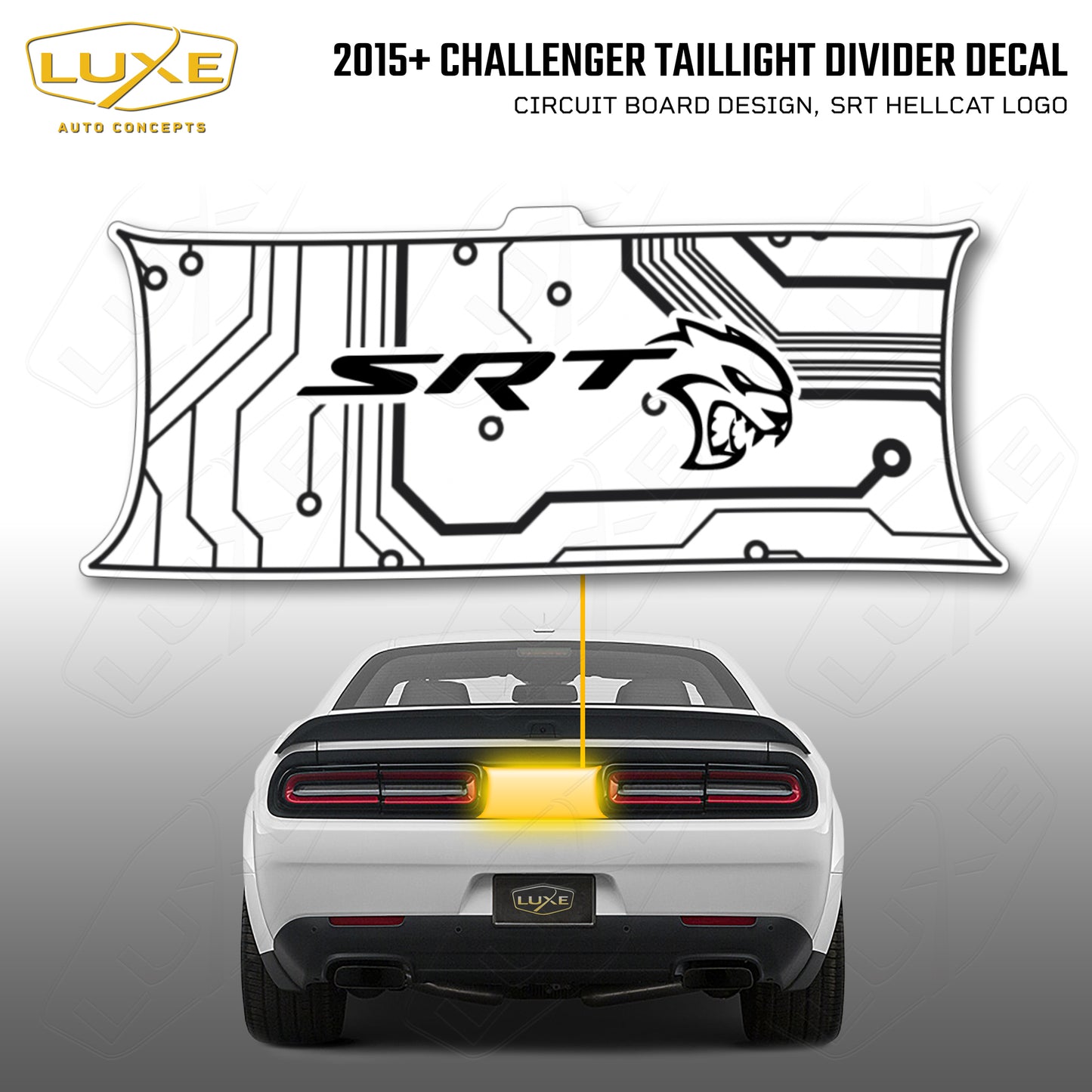 2015+ Challenger Taillight Center Divider Decal - Circuit Board Design, SRT Hellcat Logo