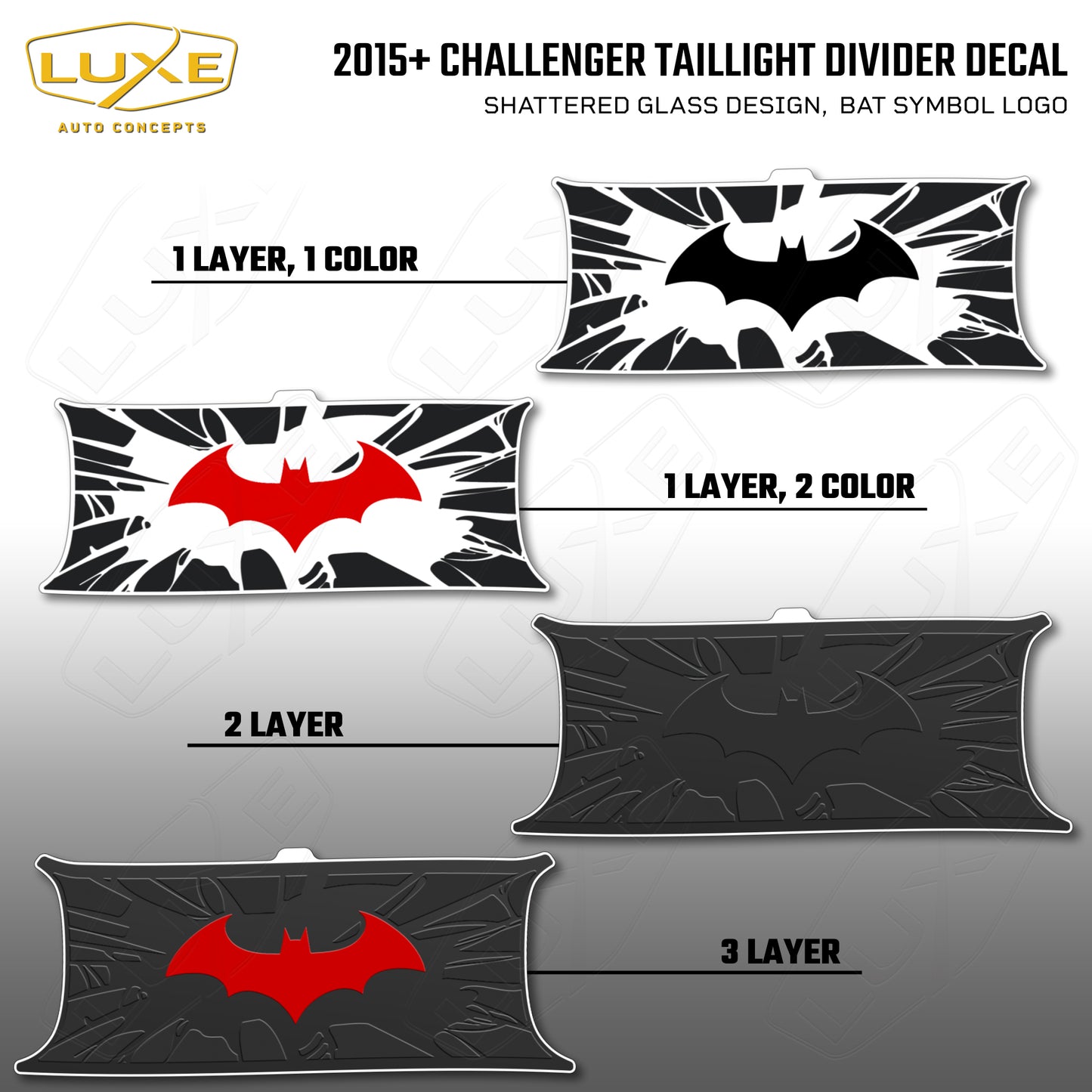 2015+ Challenger Taillight Center Divider Decal - Shattered Glass Design, Bat Symbol Kit