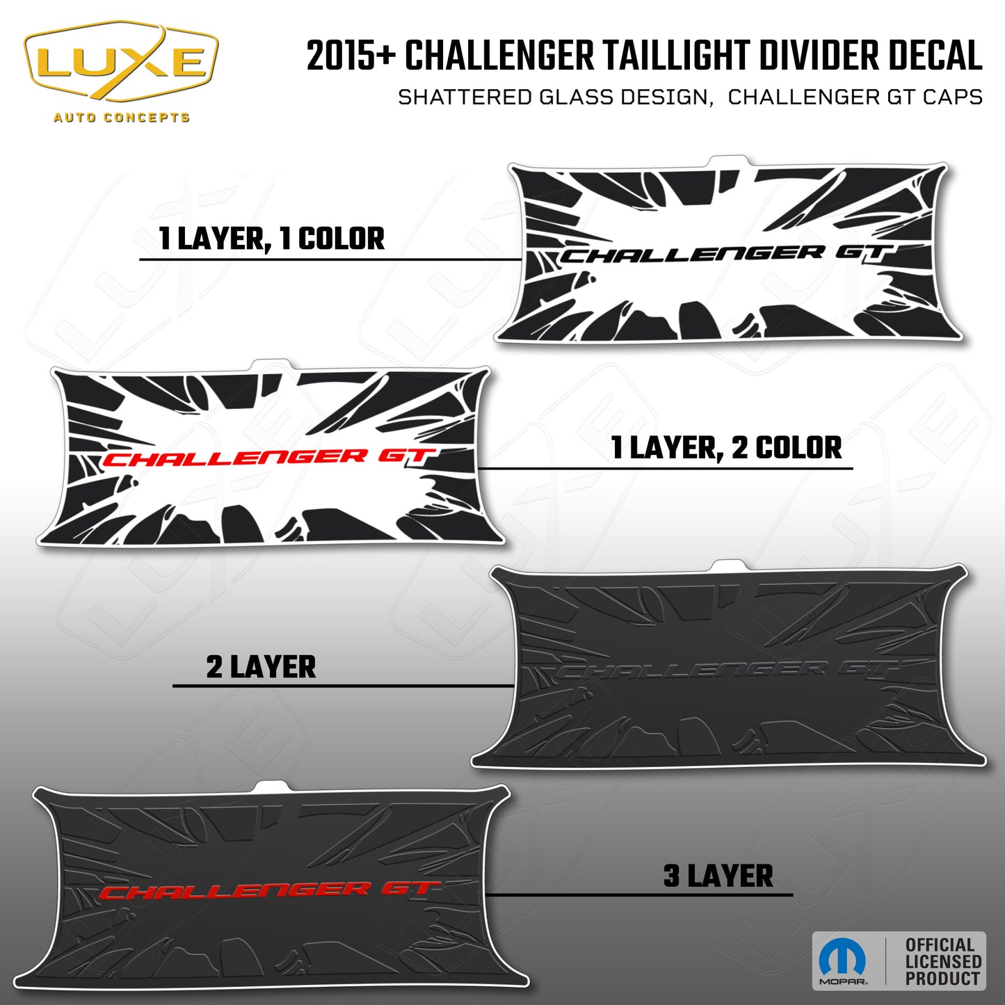 2015+ Challenger Taillight Center Divider Decal - Shattered Glass Design, Challenger GT Caps