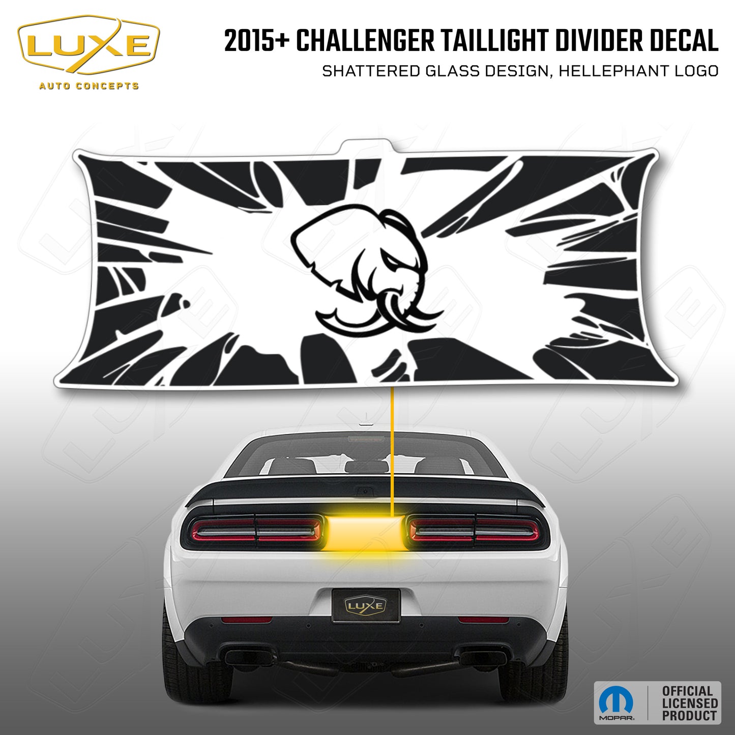 2015+ Challenger Taillight Center Divider Decal - Shattered Glass Design, Hellephant Logo