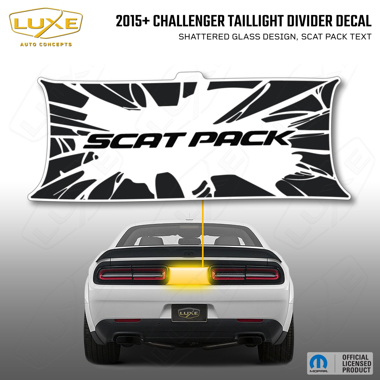 2015+ Challenger Taillight Center Divider Decal - Shattered Glass Design, Scat Pack Text