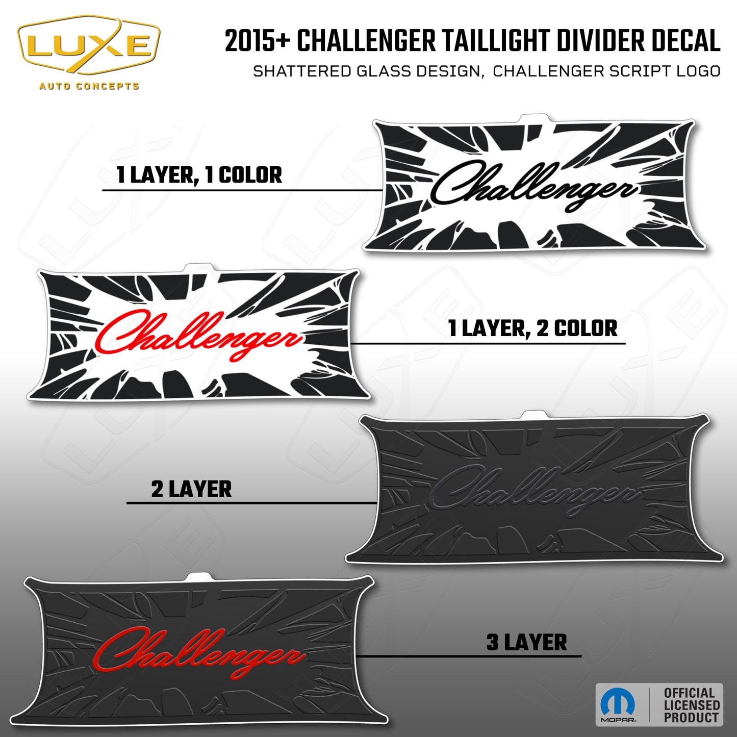 2015+ Challenger Taillight Center Divider Decal - Shattered Glass Design, Challenger Script Logo
