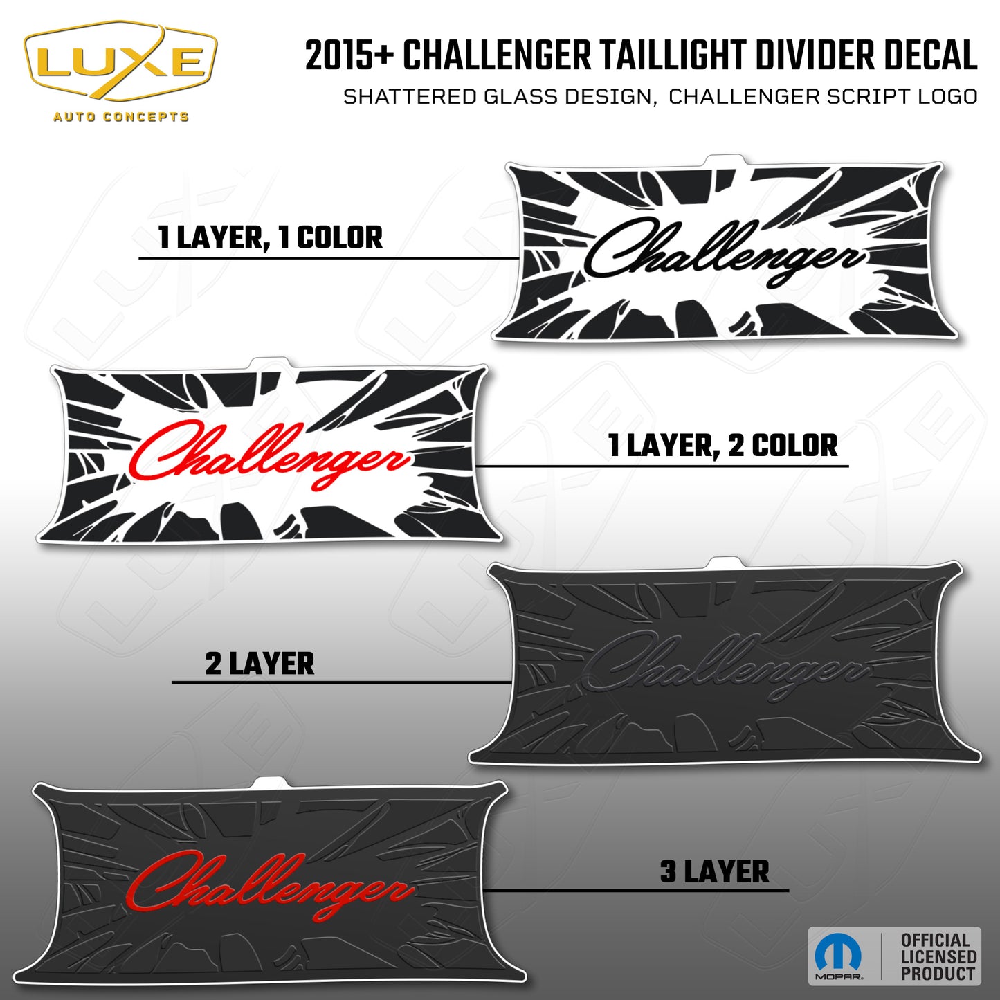 2015+ Challenger Taillight Center Divider Decal - Shattered Glass Design, Challenger Script Logo Kit