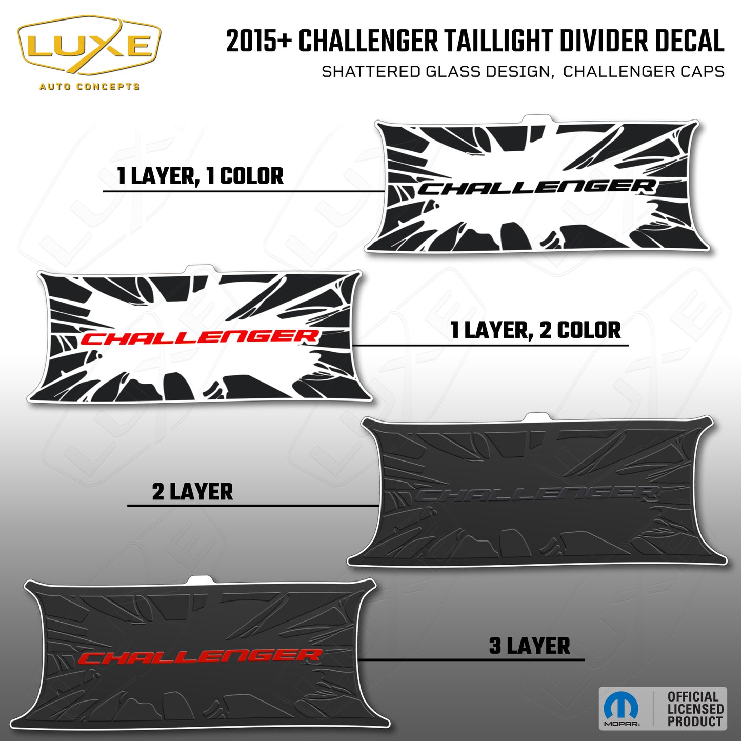 2015+ Challenger Taillight Center Divider Decal - Shattered Glass Design, Challenger Caps Kit
