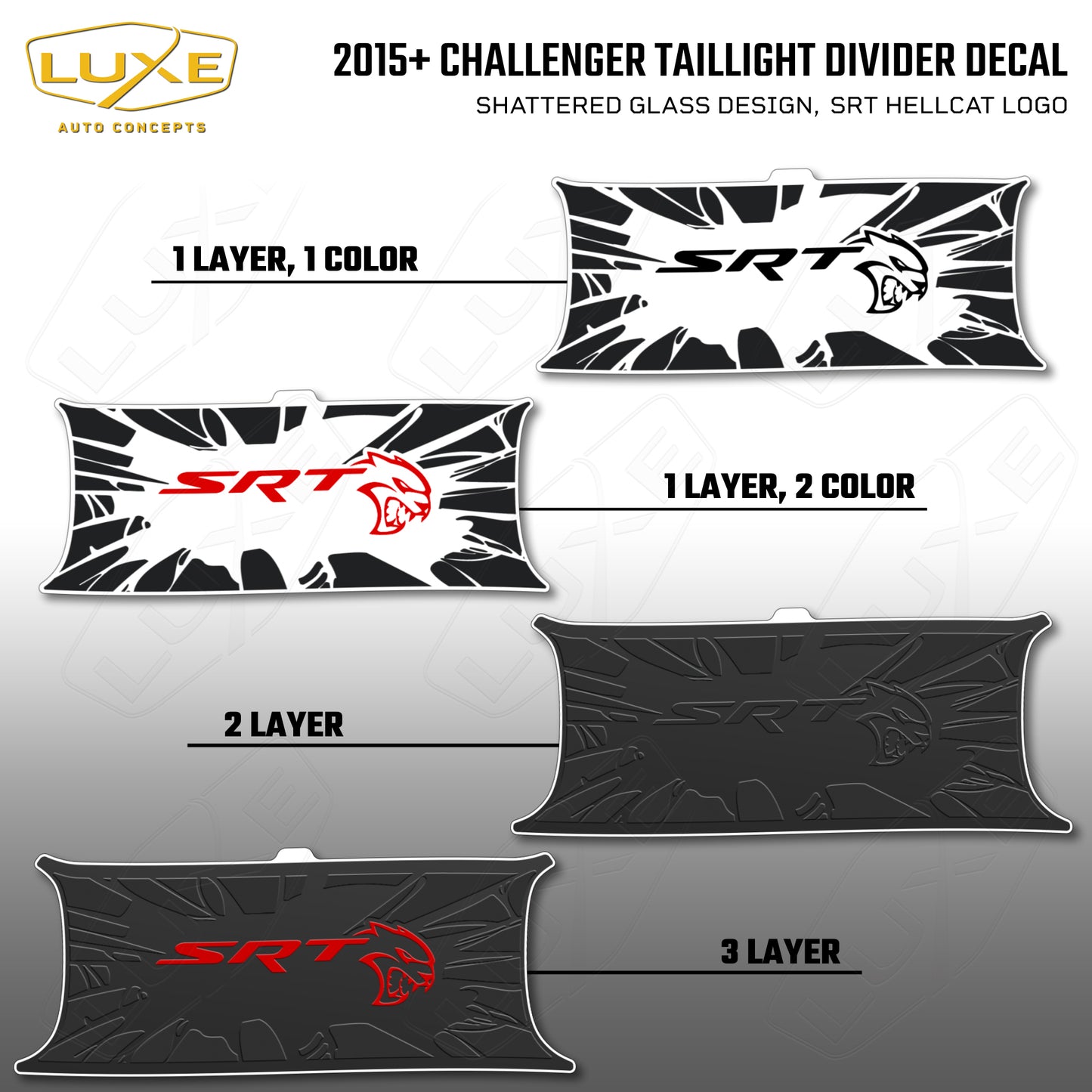 2015+ Challenger Taillight Center Divider Decal - Shattered Glass Design, SRT Hellcat Logo Kit