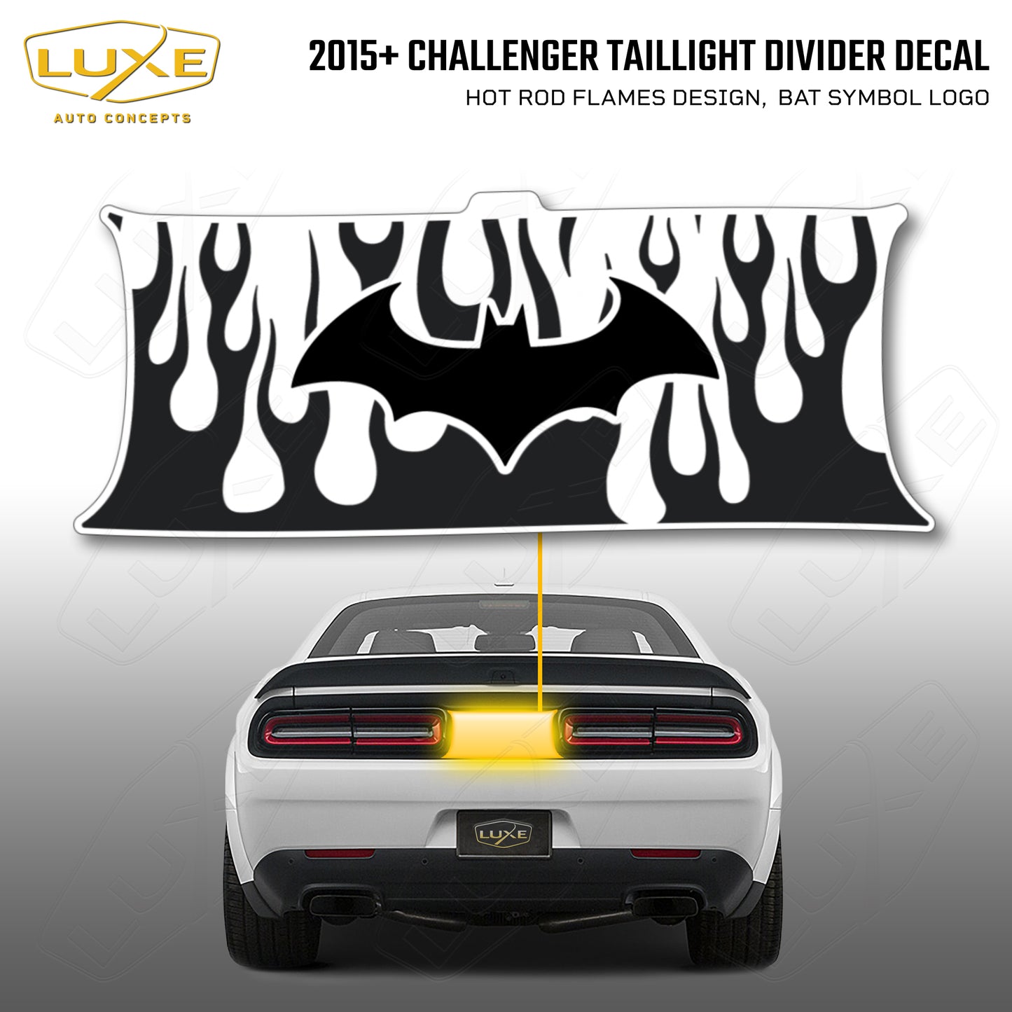 2015+ Challenger Taillight Center Divider Decal - Hot Rod Flames Design, Bat Symbol Kit