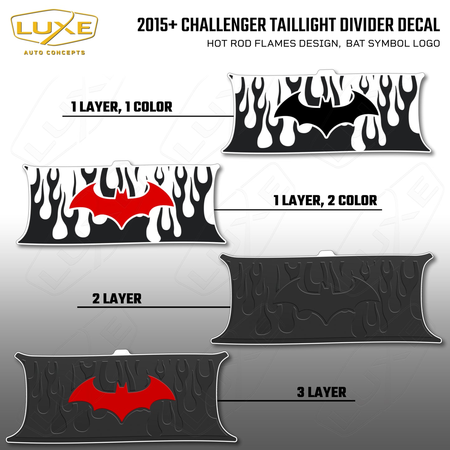2015+ Challenger Taillight Center Divider Decal - Hot Rod Flames Design, Bat Symbol Kit