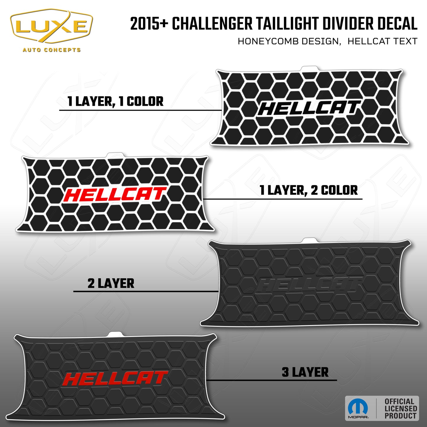 2015+ Challenger Taillight Center Divider Decal - Honeycomb Design, Hellcat Text Kit