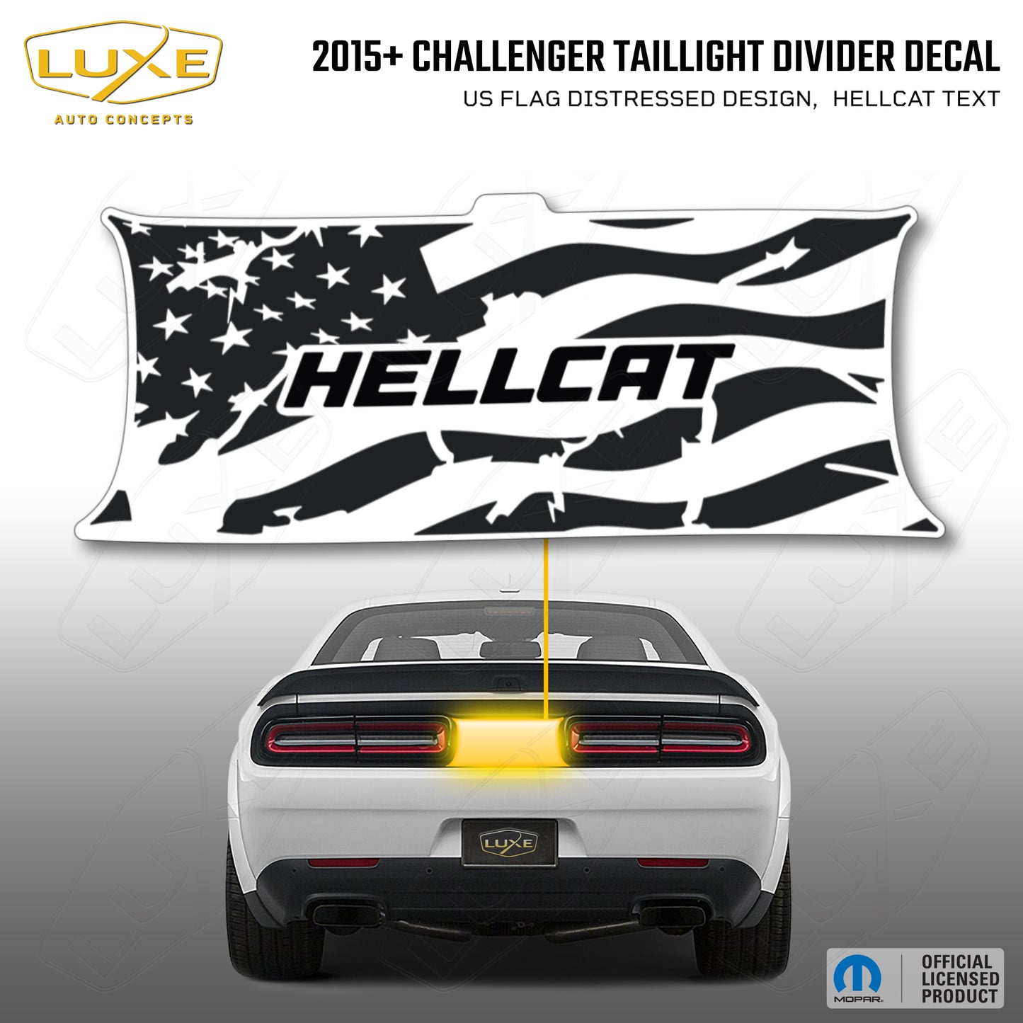 2015+ Challenger Taillight Center Divider Decal - US Flag Distressed Design, Hellcat Text Kit