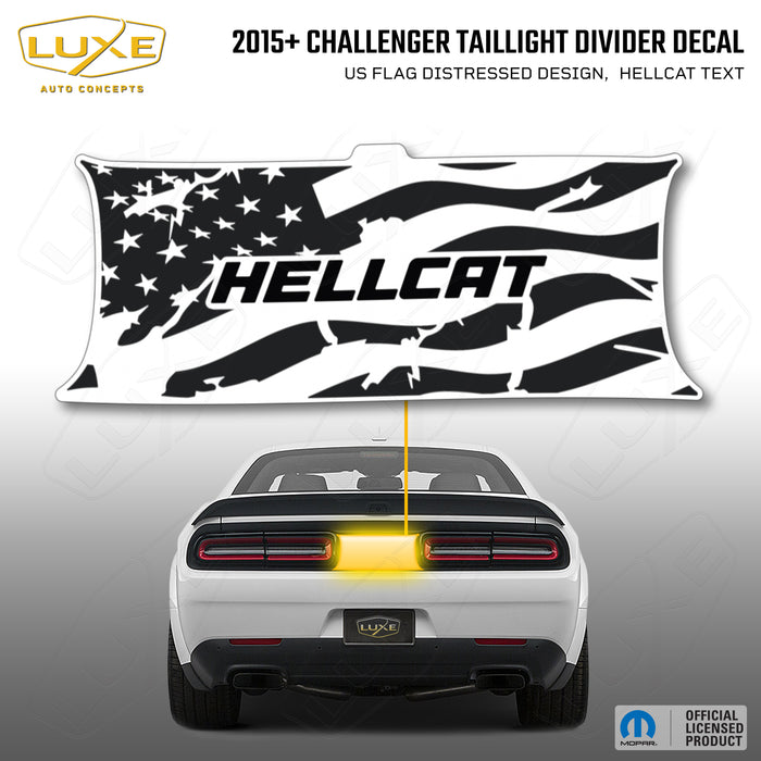2015+ Challenger Taillight Center Divider Decal - US Flag Distressed Design, Hellcat Text