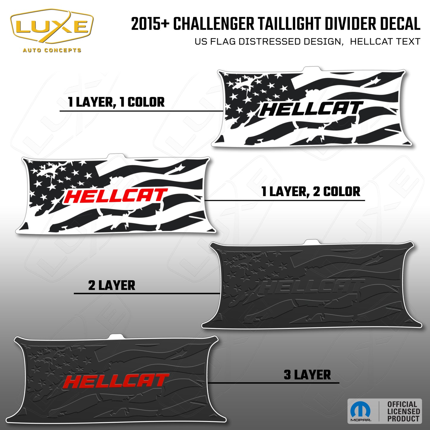 2015+ Challenger Taillight Center Divider Decal - US Flag Distressed Design, Hellcat Text Kit