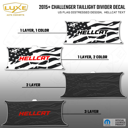2015+ Challenger Taillight Center Divider Decal - US Flag Distressed Design, Hellcat Text Kit