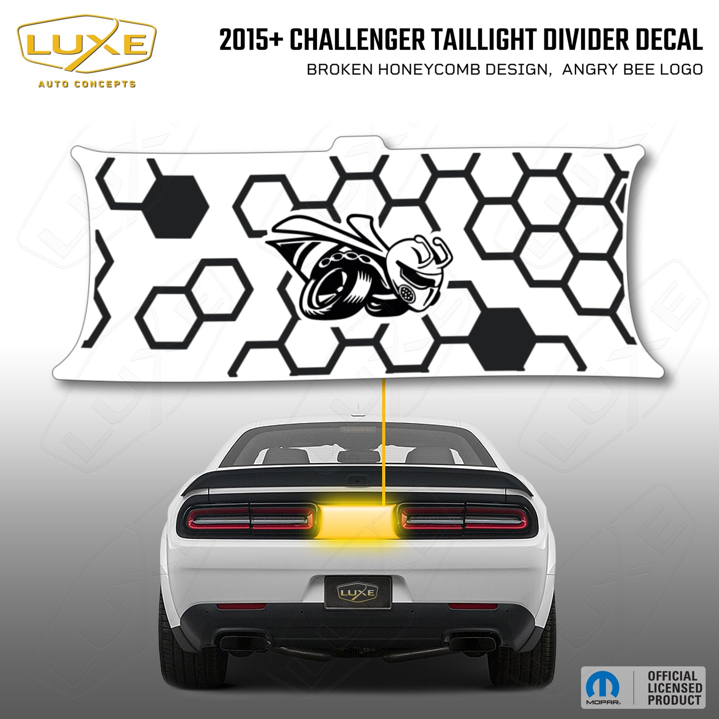 2015+ Challenger Taillight Center Divider Decal - Broken Honeycomb Design, Angry Bee Logo Kit