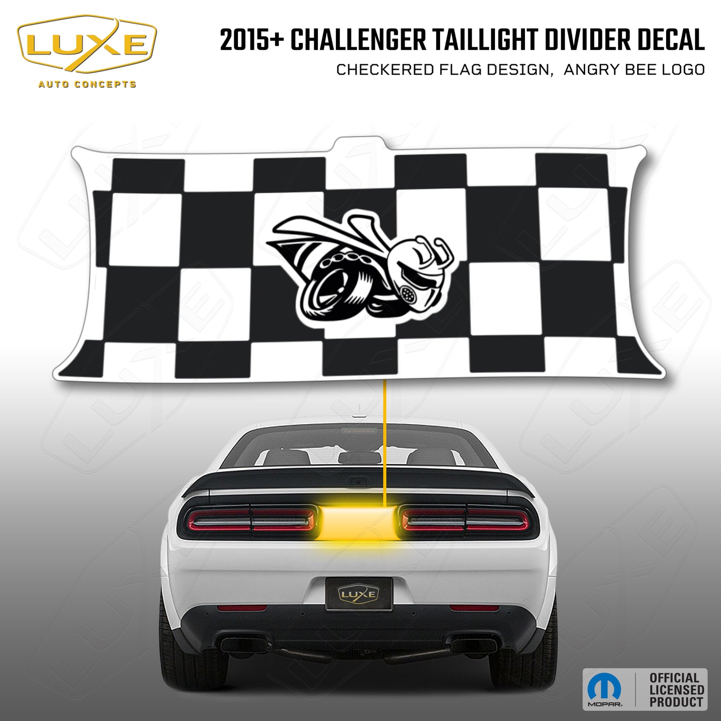 2015+ Challenger Taillight Center Divider Decal - Checkered Flag Design, Angry Bee Logo Kit