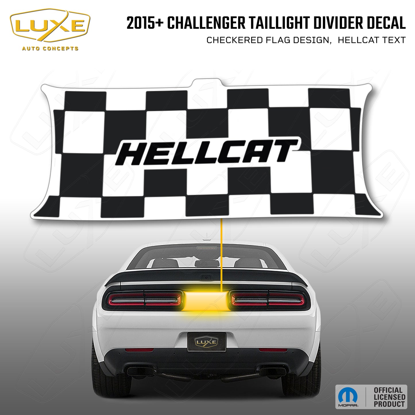 2015+ Challenger Taillight Center Divider Decal - Checkered Flag Design, Hellcat Text Kit