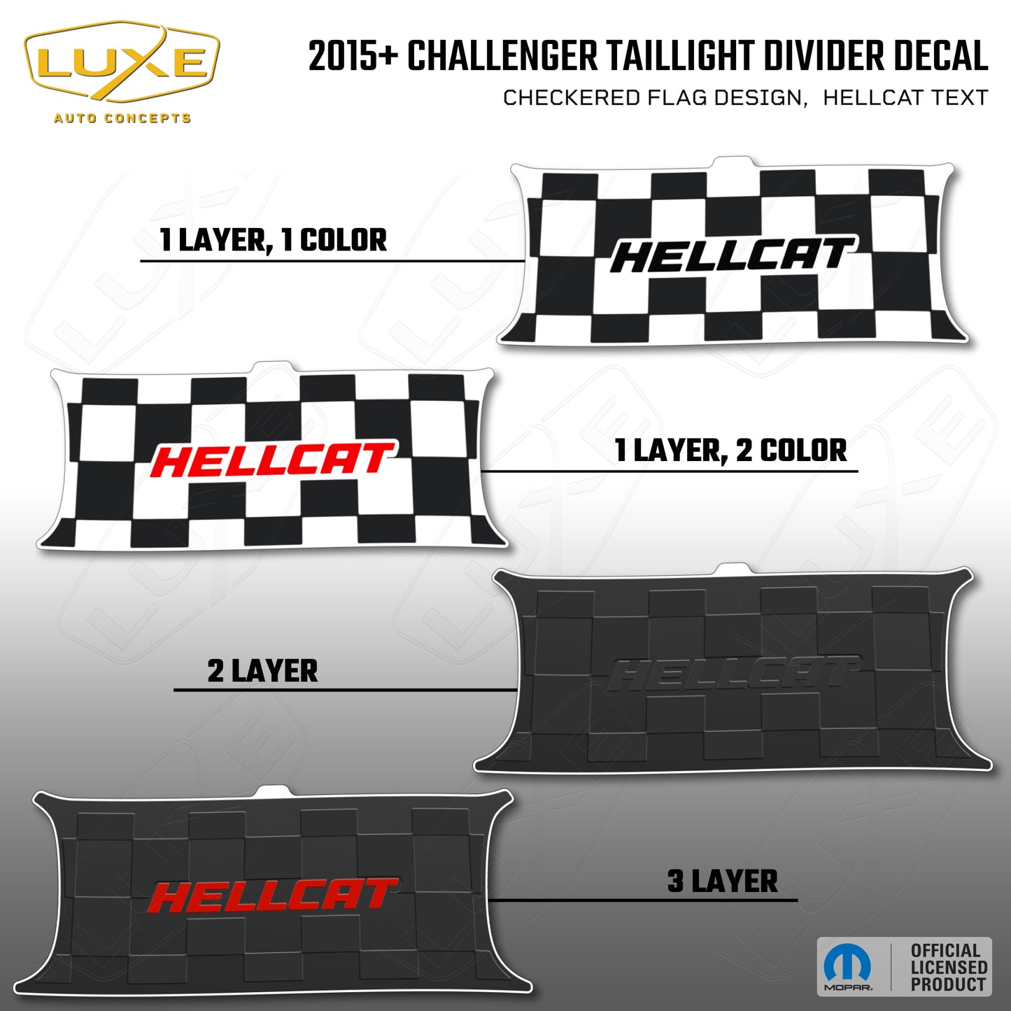 2015+ Challenger Taillight Center Divider Decal - Checkered Flag Design, Hellcat Text Kit