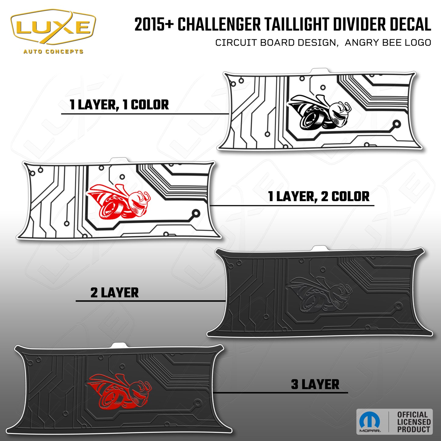 2015+ Challenger Taillight Center Divider Decal - Circuit Board Design, Angry Bee Logo Kit