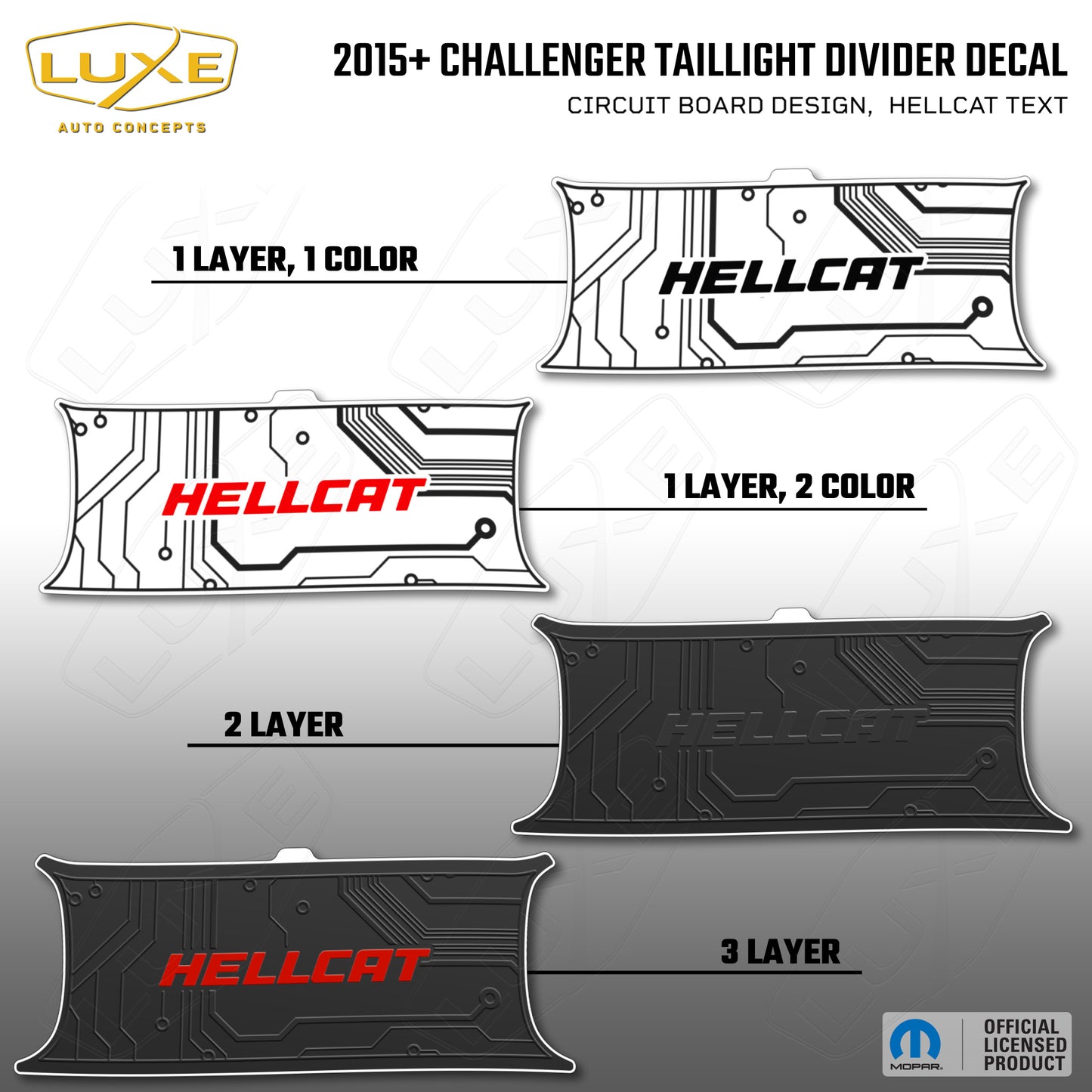 2015+ Challenger Taillight Center Divider Decal - Circuit Board Design, Hellcat Text Kit