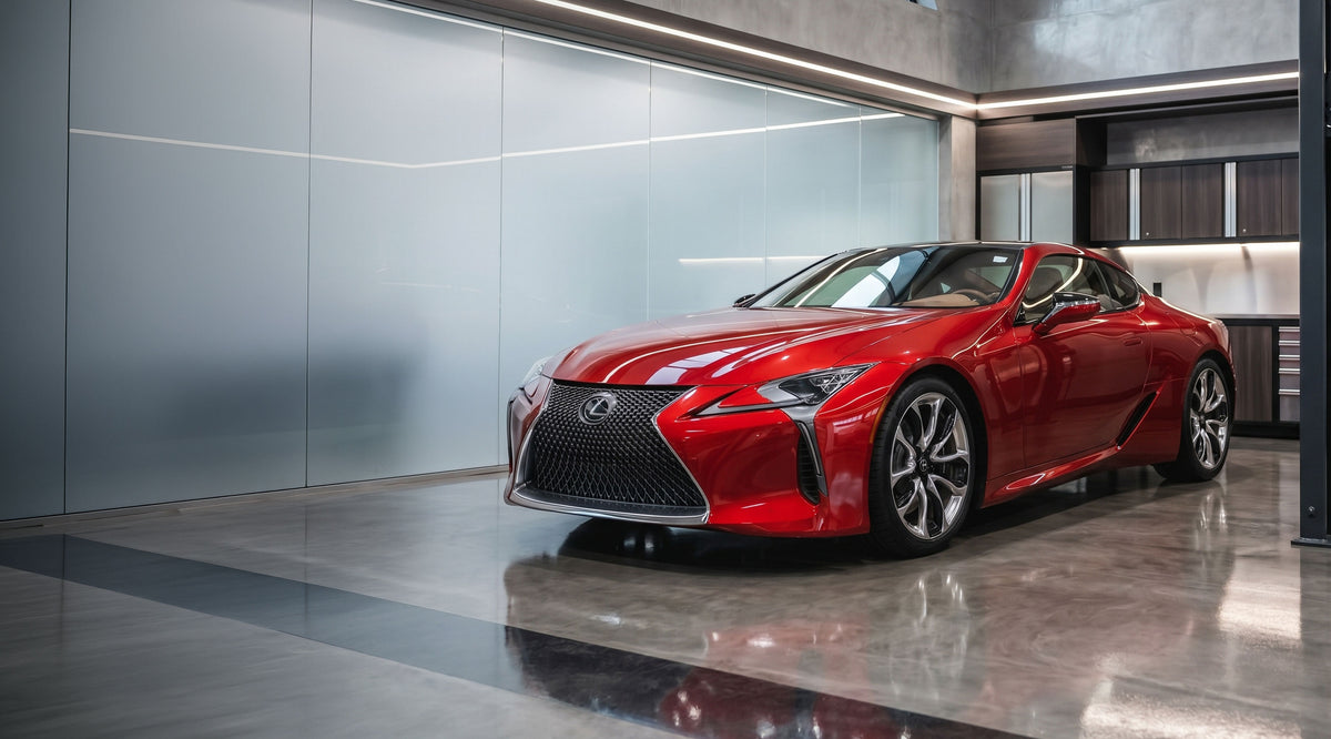 Red Lexus with a glossy paint finish in a modern garage