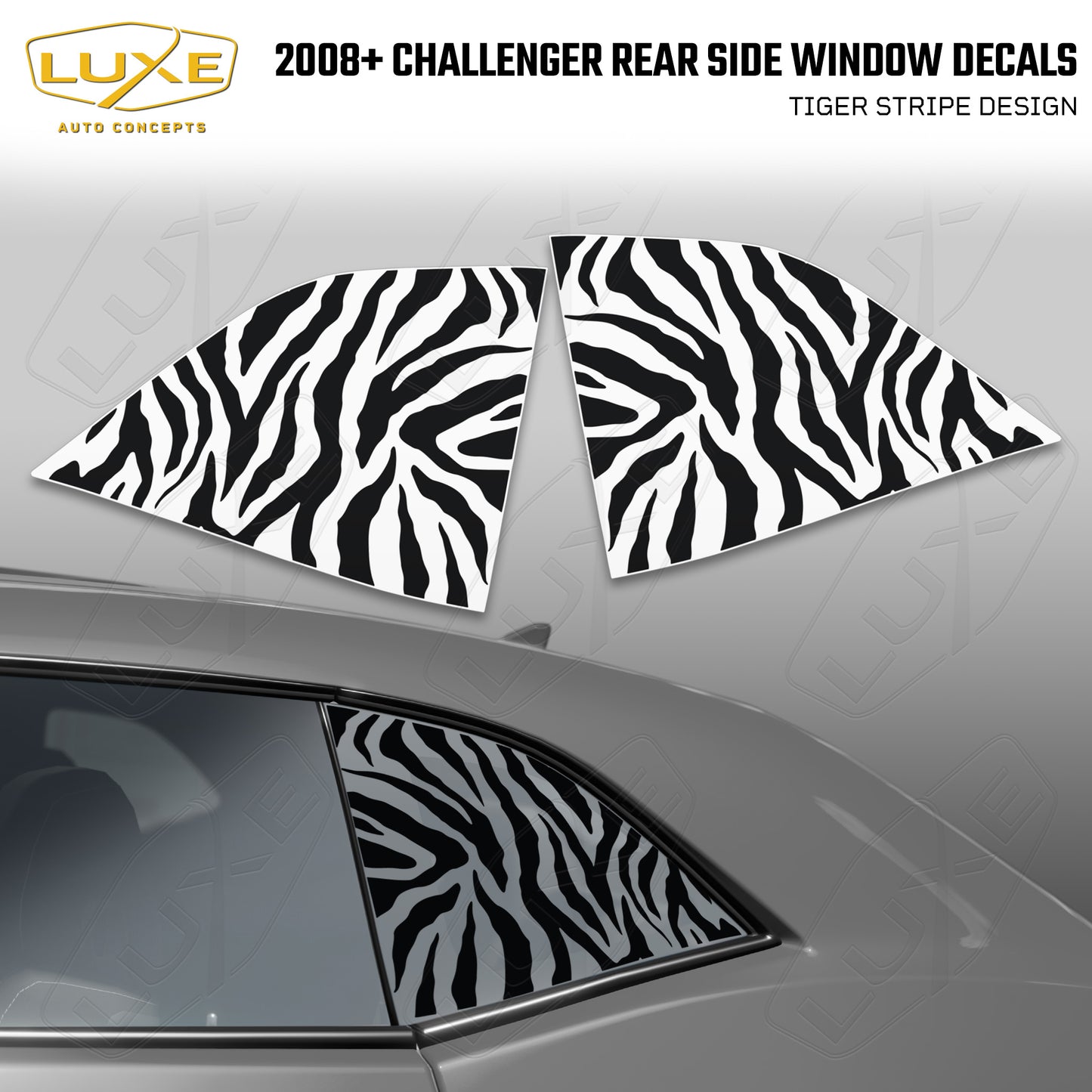 2008+ Challenger Rear Quarter Window Cut Vinyl Decals - Tiger Stripe Design