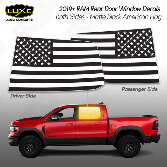 2019+ RAM Rear Door Window Decals - Both Sides - Matte Black American Flag