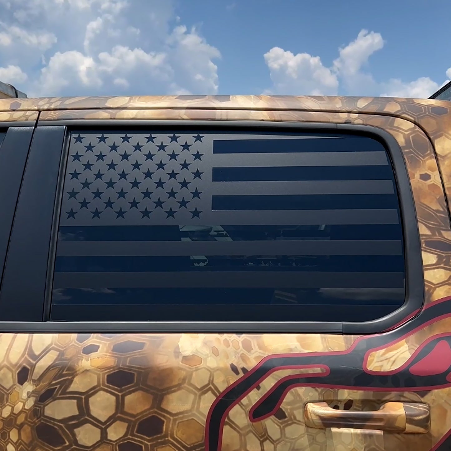 2019+ RAM Rear Door Window Decals - Both Sides - Matte Black American Flag