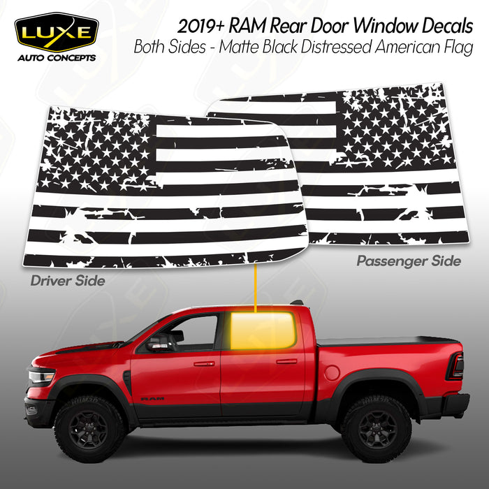 2019+ RAM Rear Door Window Decals - Both Sides - Matte Black Distressed American Flag