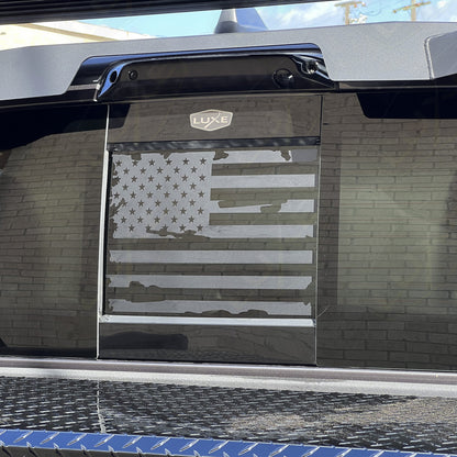 2019+ RAM Back Power Sliding Middle Window Vinyl Decal - Matte Black Distressed American Flag