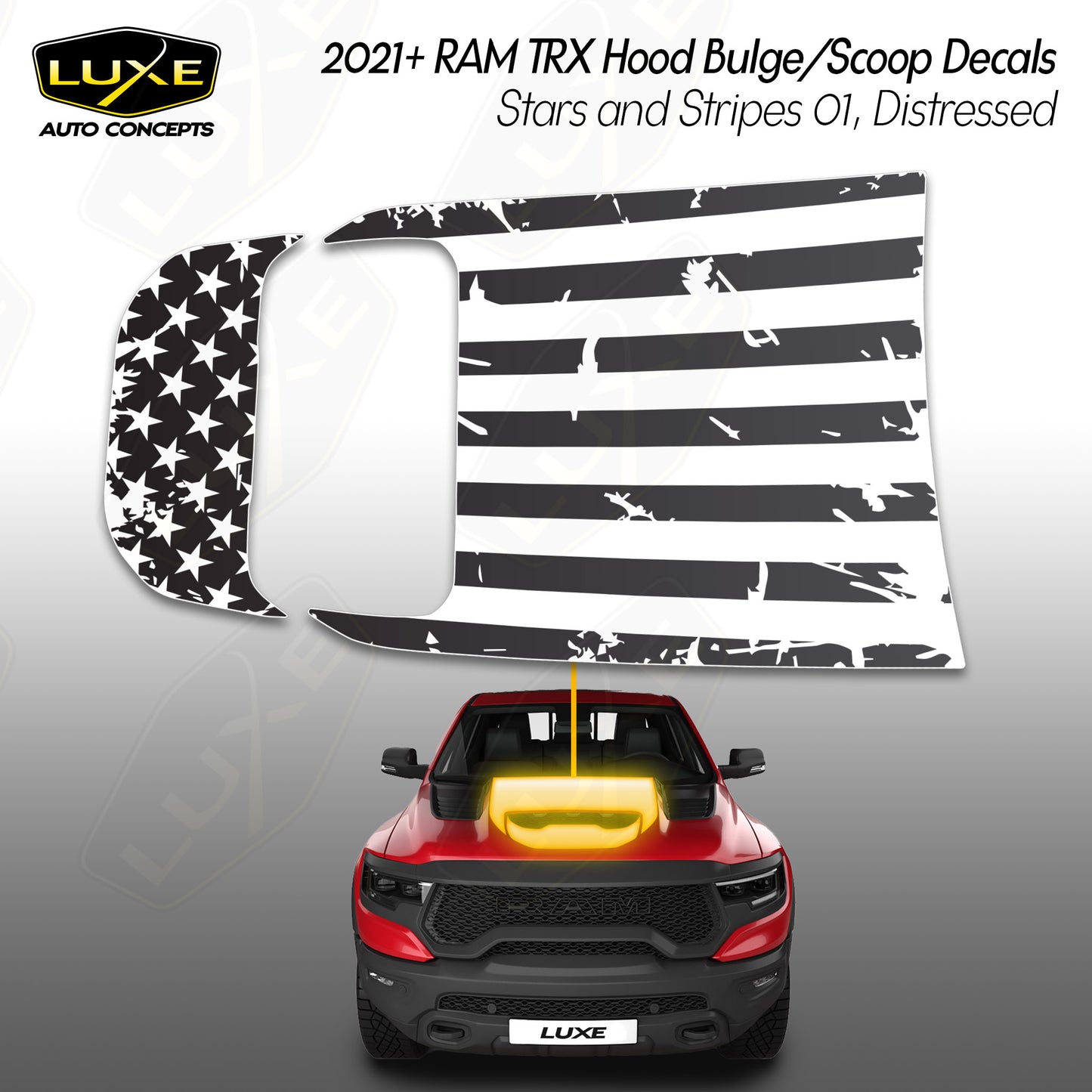RAM TRX Hood Bulge/Scoop Decals Kit - Stars and Stripes 1, Distressed