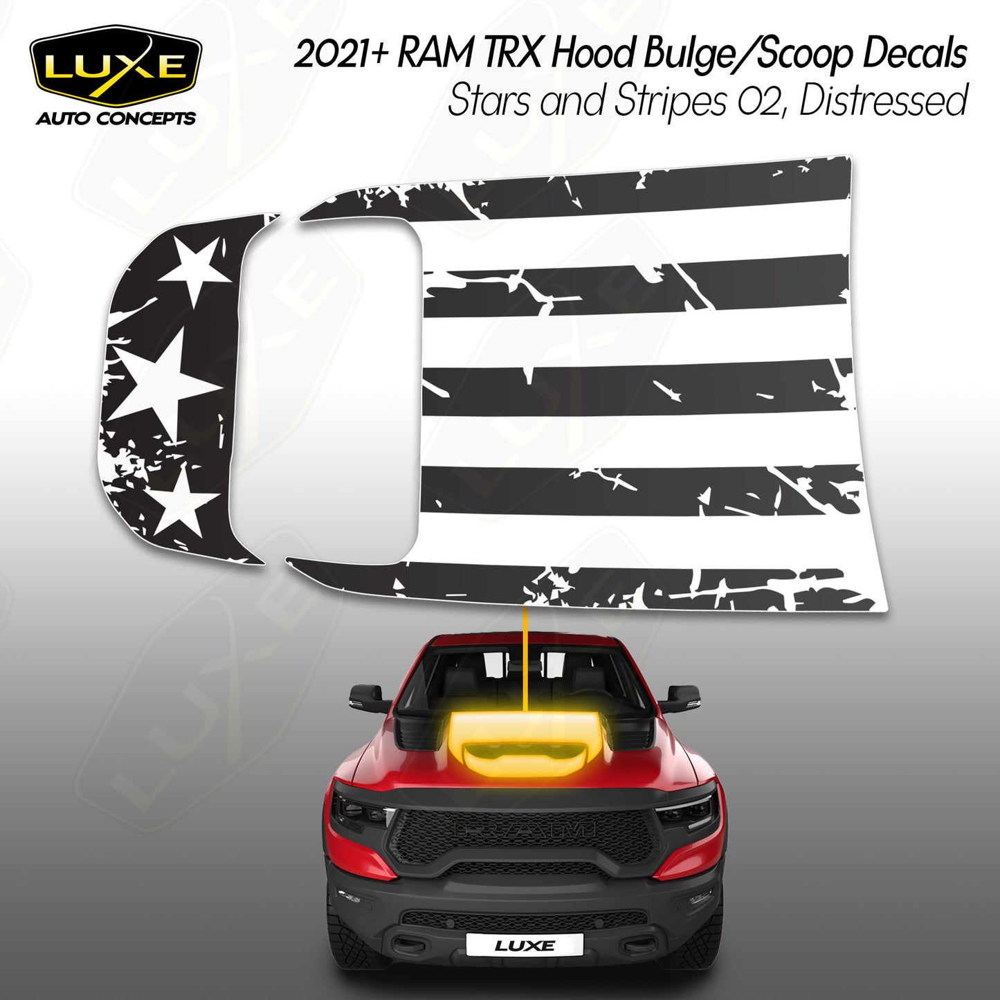 RAM TRX Hood Bulge/Scoop Decals - Stars and Stripes 2, Distressed