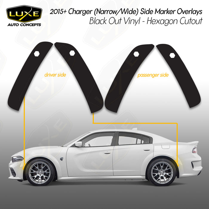 2015+ Dodge Charger Side Marker Overlays - Black Out Vinyl - Hexagon Cutout