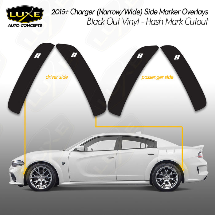 2015+ Dodge Charger Side Marker Overlays - Black Out Vinyl - Hash Marks Cutout